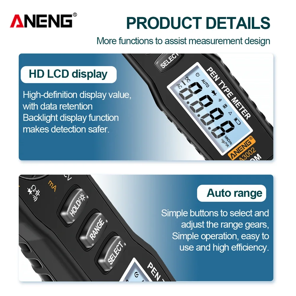 ANENG A3002 Digital Multimeter Pen Type 4000 Counts AC/DC Voltage Resistance Diode Continuity  Non Contact  Tester Tool thc pen