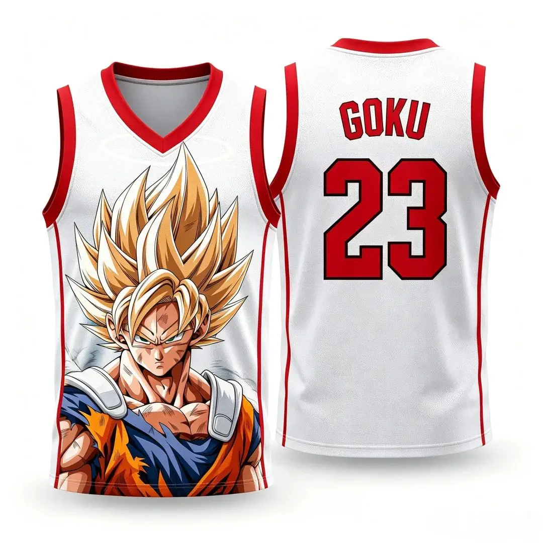Dragon Ball Goku Super Saiyan Nr. 23 Basketball-Trikot für Herren, 3D-Druck, Sport-Tanktop, weiß-goldener Farbverlauf, Anime-Streetwear. – Detail 7
