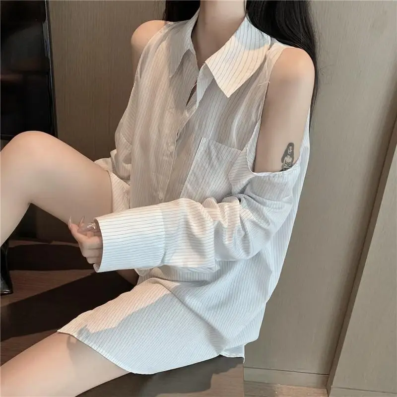 Off Shoulder Striped Loose Sexy Blouse Summer New Long Sleeve Polo Neck Thin Trend Shirt Tops Casual Fashion Women Clothing