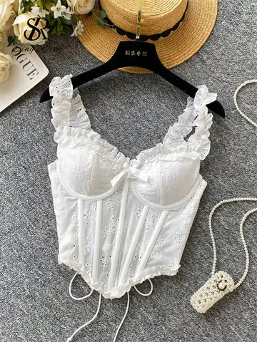 SINGREINY Floral Embroidery Lingerie Women Strap Irregular Corset Short Tank Top Sensual French Hotsweet Slim Sexy Beach Camis