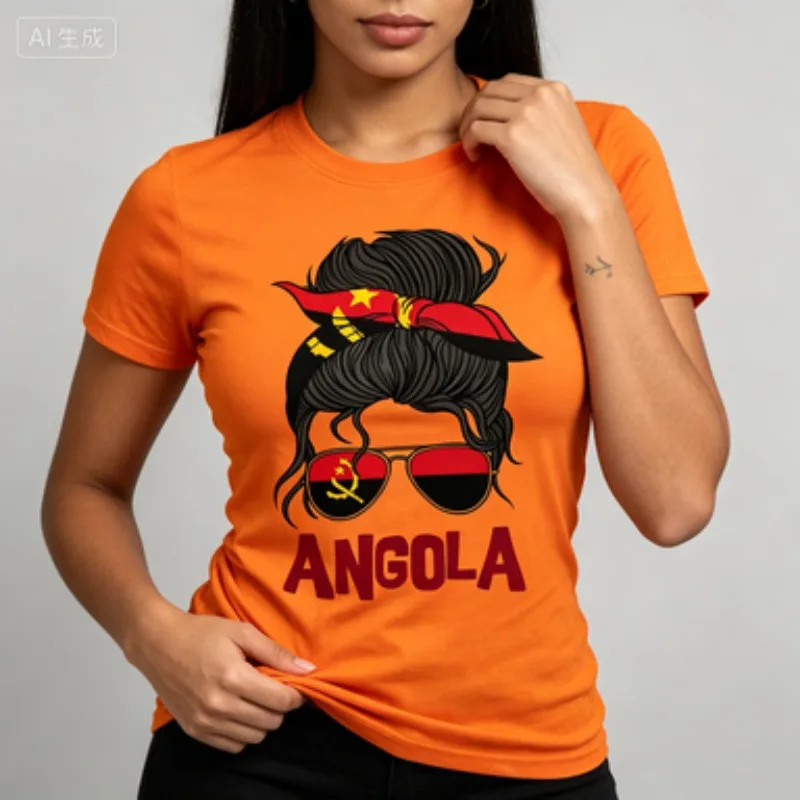 Patriotic Angola Women Modal Crew Neck Tee Angola Flag Messy Bun Girl Graphic Print National Pride Design Casual Standard Short