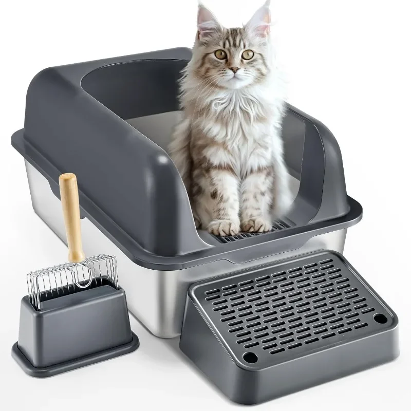 Stainless Steel Cat Litter Box with Lid, XL Extra Large Enclosed for Big Cats, High Sides Metal Box, Anti Leakage,Odor-Free