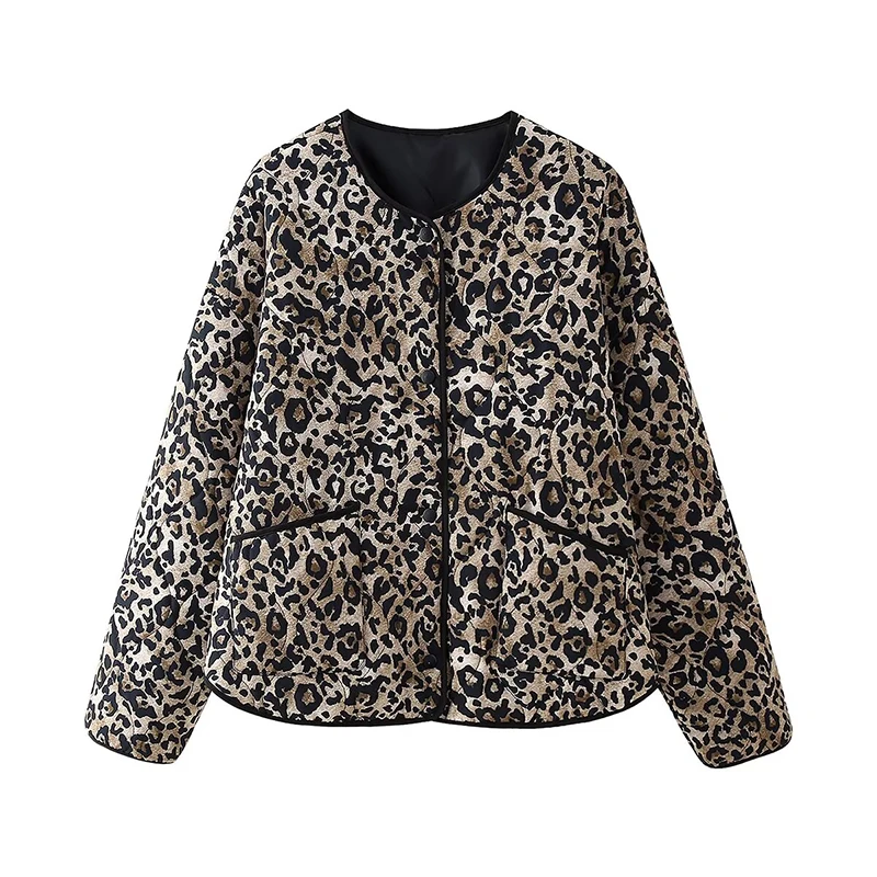 Autumn Women Animal Print Quilted Jacket Coat Long Sleeve O Neck With Pocket Vintage Casual Outerwear Streetwear Outfits