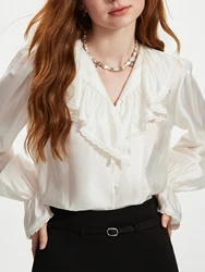 FSLE Women Beige Long Sleeve Shirt Ruffled Neck Gentle Lace Patchwork Design Female Single Breasted Lyocell Blouse 24FS13355