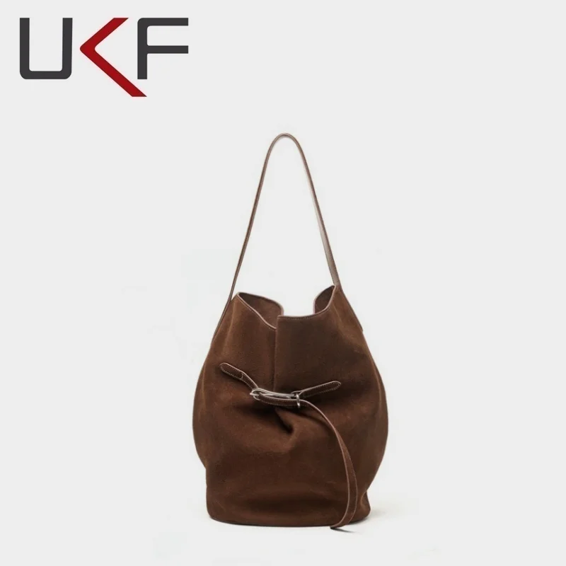 UKF Korean Style Genuine Leather Tote Bag for Women Large Capacity Soft Cowhide Bucket Bag Minimalist Shoulder Commuter Handbag