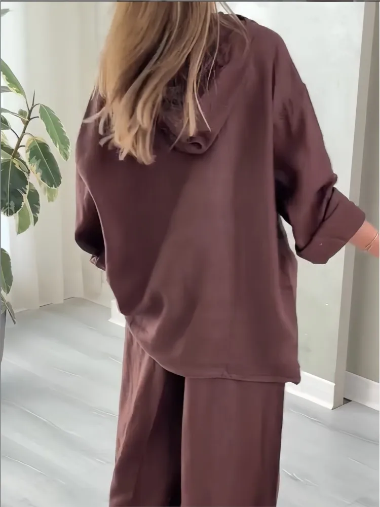 

Модный топ с капюшоном и полумолнией с длинными рукавами + широкие брюки, комплект из 2 предметов для женщин, однотонный свободный повседневный женский костюм для ленивых