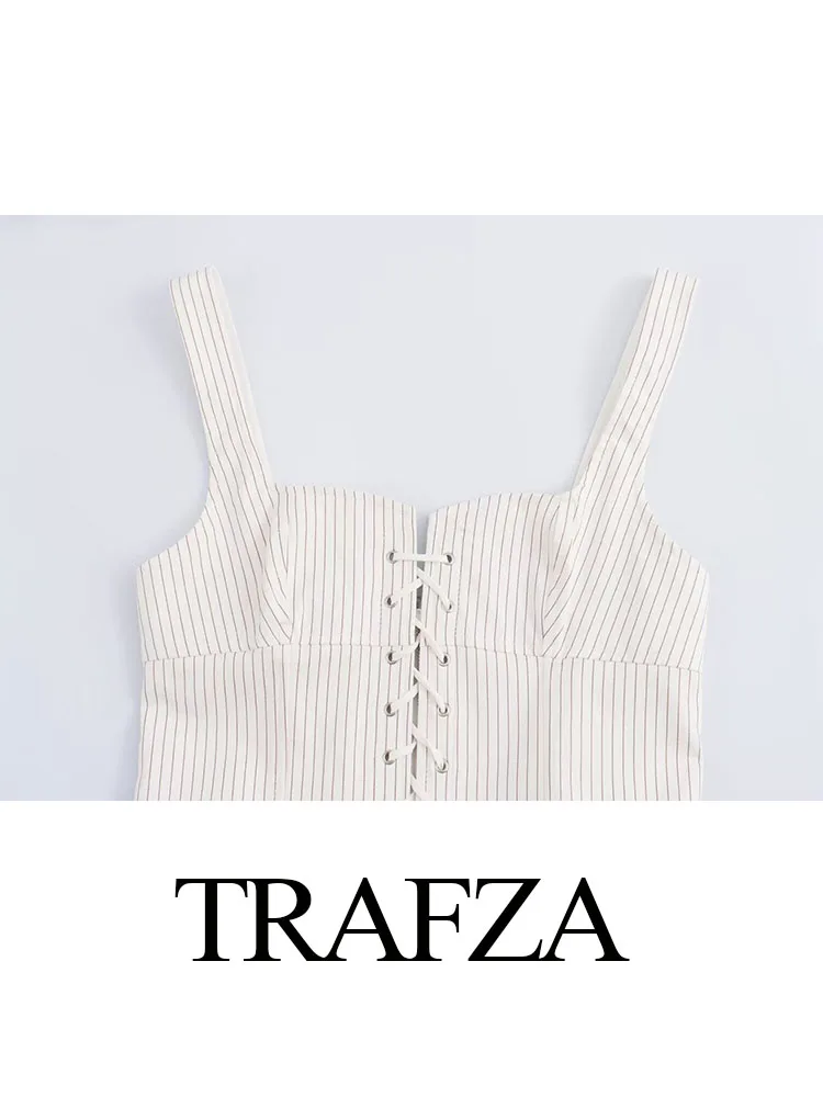 TRAFZA Summer Women\'s Elegant Back Zipper Tops Square Collar Sleeveless Striped Bow Lace-Up Decorate Woman Casual Top Mujer