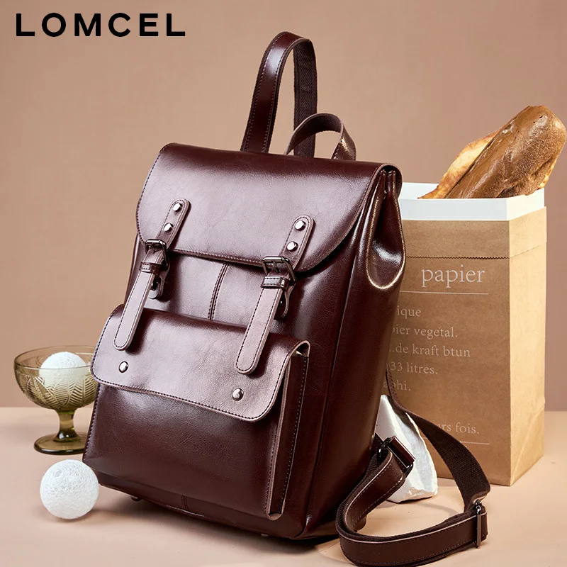 LOMCEL 23 Leather double shoulder bag durable cowhide computer backpack with an academic style, 14-inch large capacity