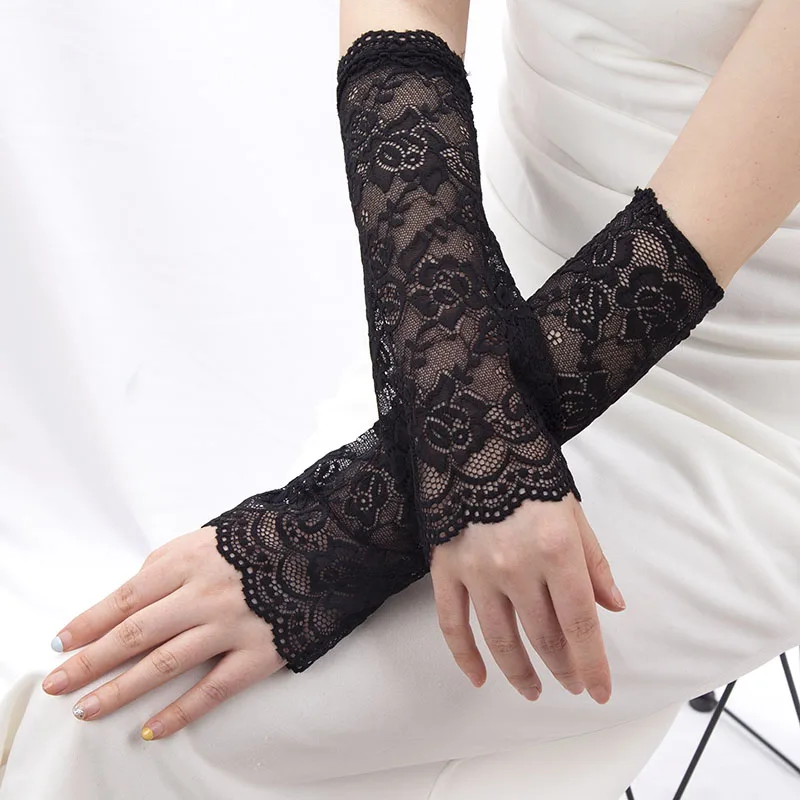 Black Sexy Lace Hollow-Out Fingerless Flower Gloves Sun Protection Sleeves Mesh Thin Cycling Gloves Summer Arm Sleeves Mitten