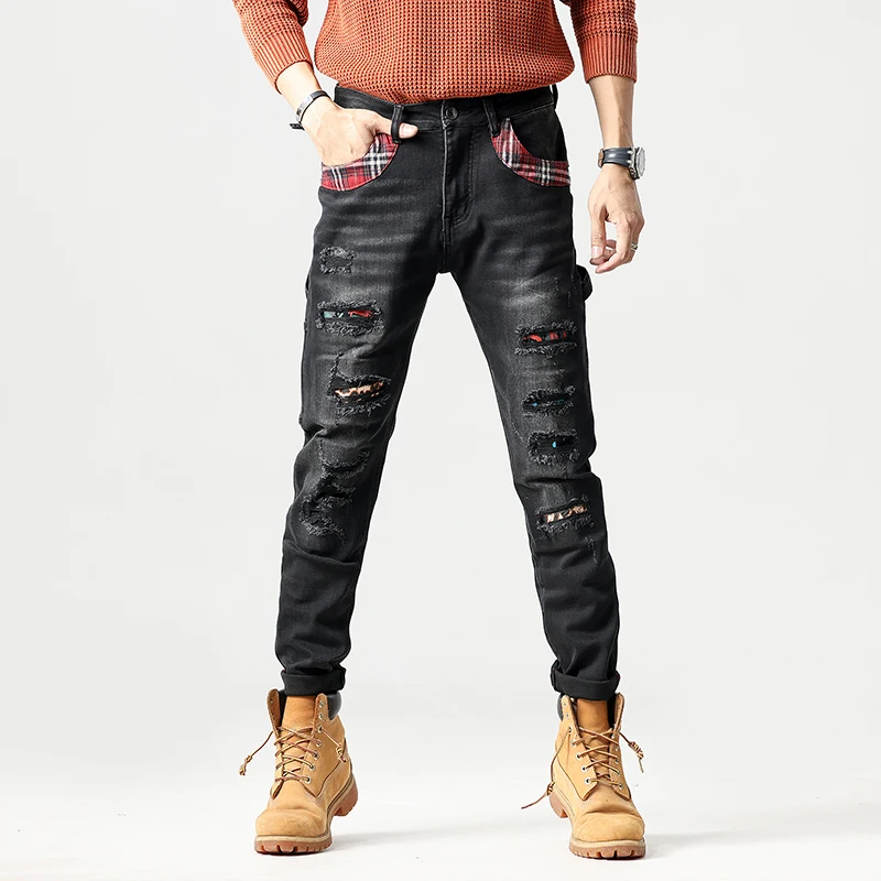 Jeans men's patchwork slim fit small straight leg pants with patchwork embroidery skinny ripped jeans men