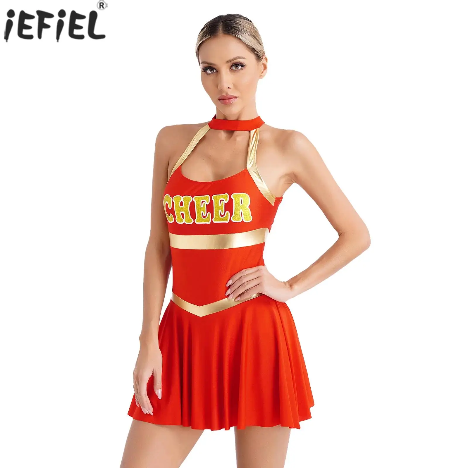 

Schoolgirl Cheerleader Costume for Girls Halloween Uniform Outfit Sleeveless Halter One-Piece Bodysuit Dress Fancy Cosplay Dress