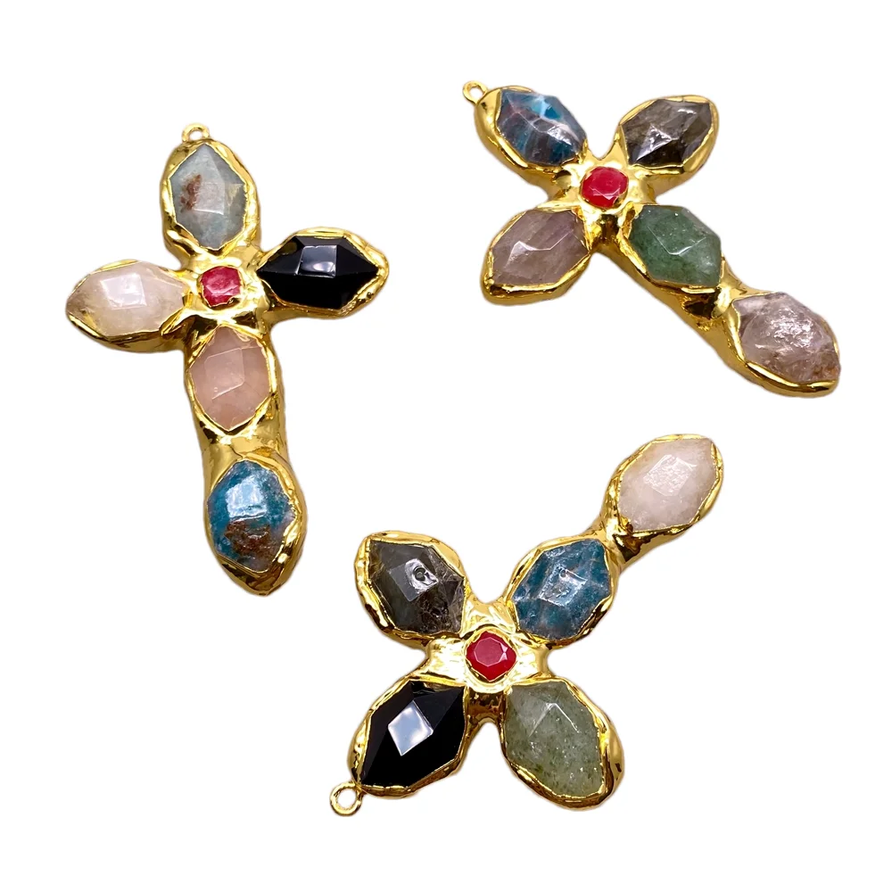 3 Pcs Multi Gemstone Apatite Labradorite Aventurine Amazonite Crucifix Charm Pendant For DIY Making