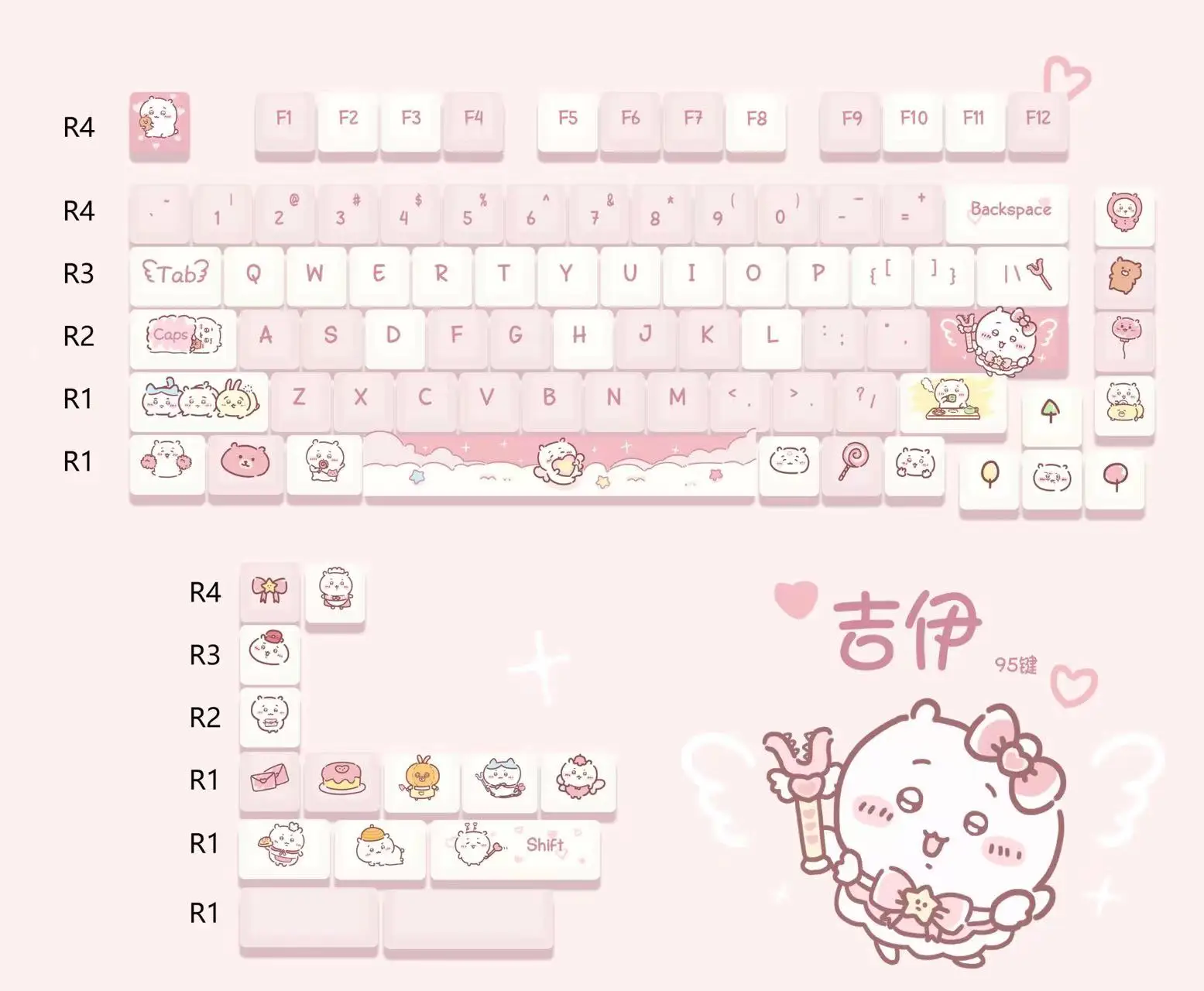 Chiikawa Keycaps MOA Highly Cute Jiyi Rounded PBT Sublimation Keycaps Fit MX Switch Mechanical Keyboard