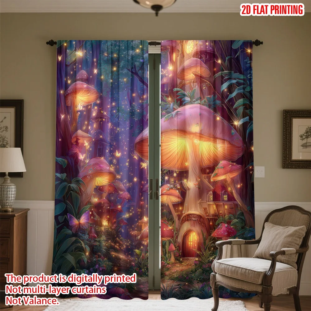 

2D flat printing 2pcs Drapes Enchanted Glowing Mushroom Forest Digital Printed Polyester Drapes Family Party for Indoor