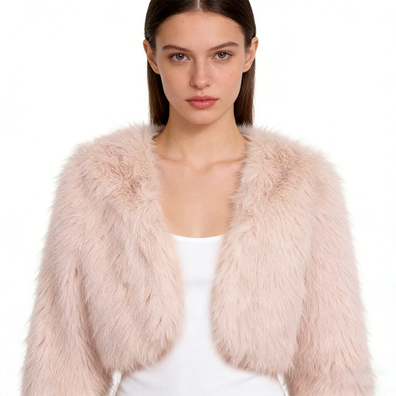 Damski płaszcz futrzany jesienno-zimowy, nowy, jednolity kolor, długi rękaw, krótki krój, modny, pluszowy, gruby, ocieplany futrem.