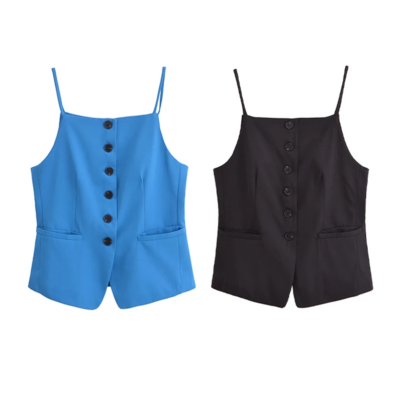 TRAFZA Damesmode Vierkante Hals Backless Mouwloos Spaghettibandjes Slank Vest Vrouwelijk Temperament Single Breasted Party Vest