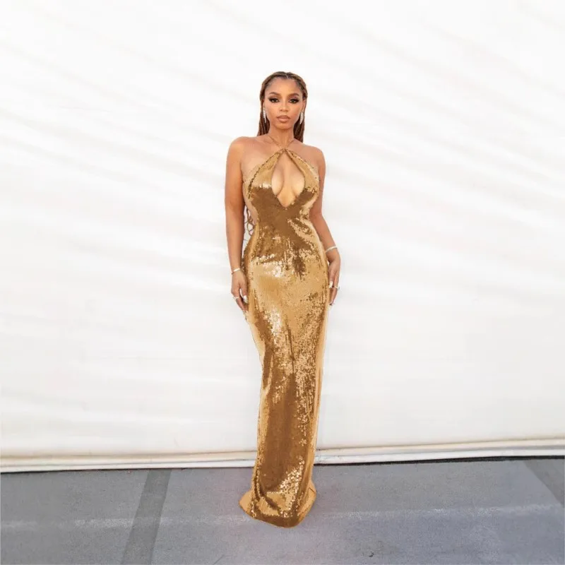 هذا نمط جديد من فستان طويل مزين بالترتر بدون ظهر وياقة مجوفة #4