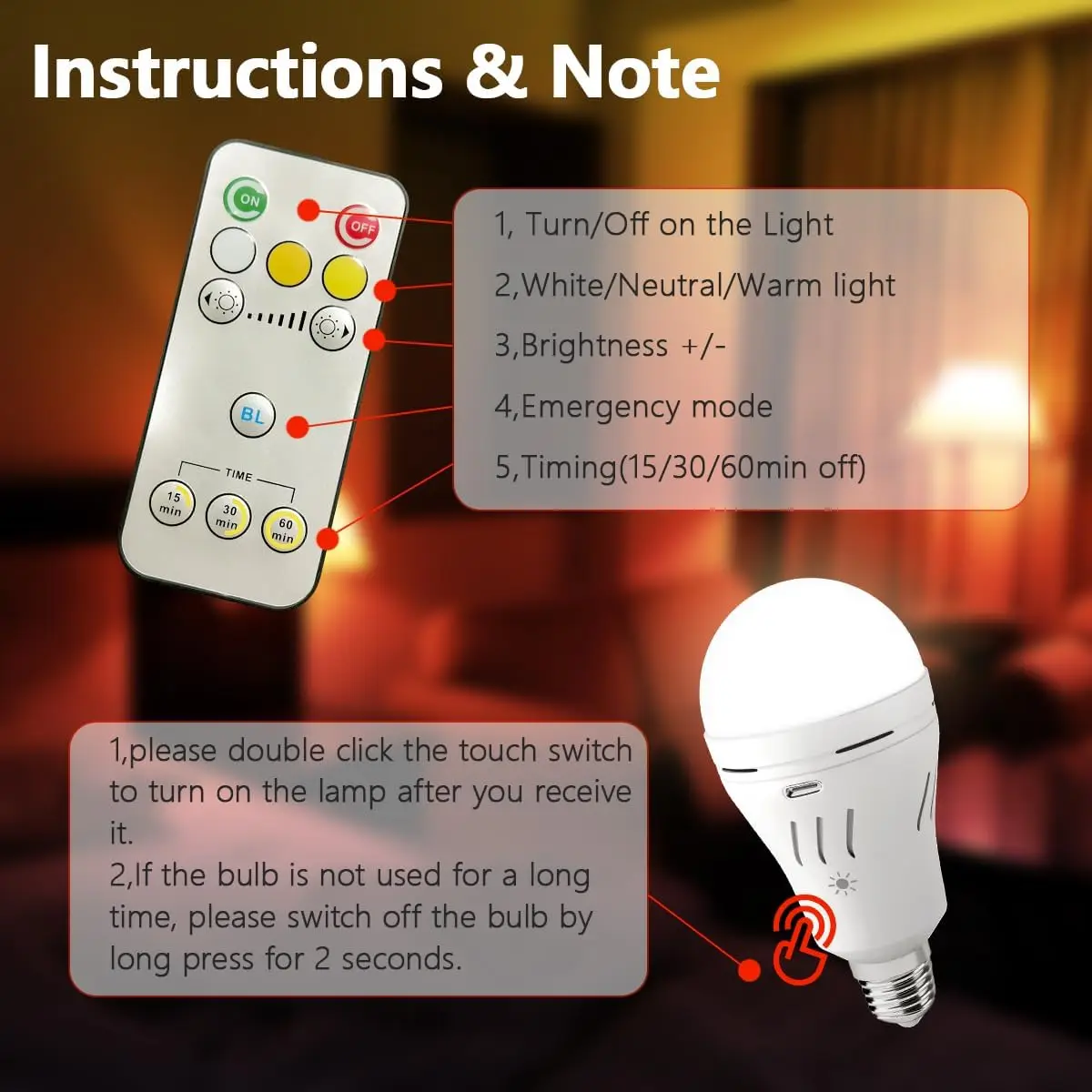 USB Rechargeable Light Bulbs with Remote 3 Color Temperatures Dimmable Operated Light Bulb， Wireless wall lamp， Timer