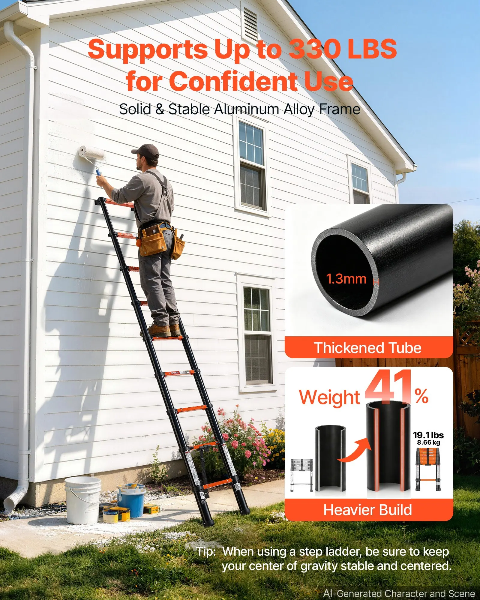 Telescoping Ladder, 8.5 ft Extension Ladder One-Button Retraction, Heavy-Duty 330 lbs Capacity, Painting, Window Cleaning and RV, Aluminum, Anti-Slip Steps, Orange & Black, Designed for Home Repairs