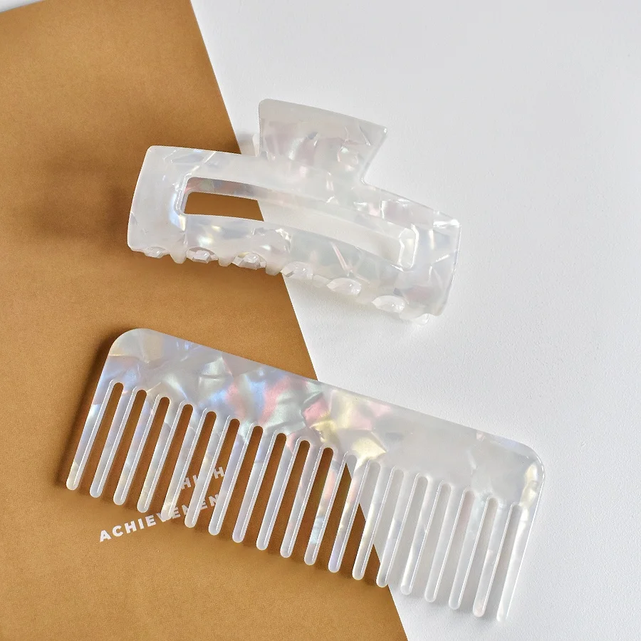 2-teiliges Damen-Haarkamm-Set aus Acetat mit breiten Zähnen und rechteckiger Haarklammer – tragbare Stylings-Kombination – Detail 6