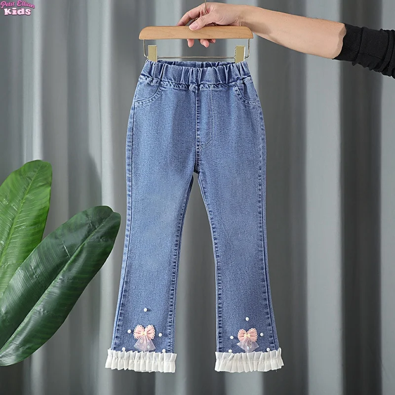 

Kids Girl 2-14Y Jeans for Girls Denim Flared Pants Lace Ruffle Hem Stretchy Elastic Waist Fashion Casual Jeans for Daily Wear