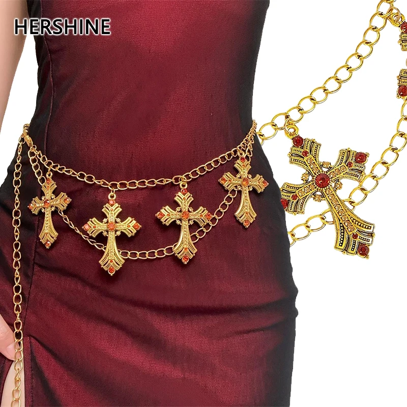 

HERSHINE цельная женская модная металлическая поясная цепочка с золотым крестом, элегантный аксессуар для вечернего платья в стиле ретро, весна, лето, рождественский подарок.