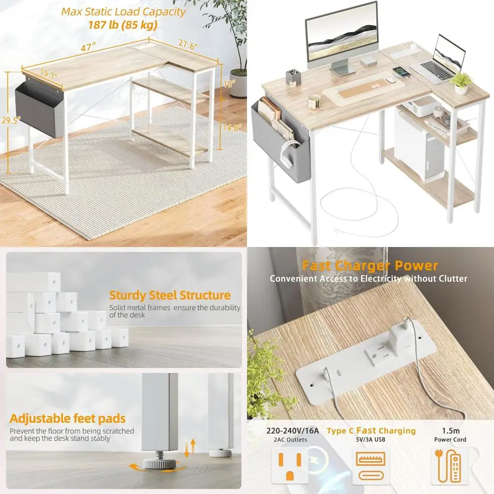 Maple 47 L-Shaped Corner Desk with Power Outlets for Home Office, Gaming, and Study in Small Spaces