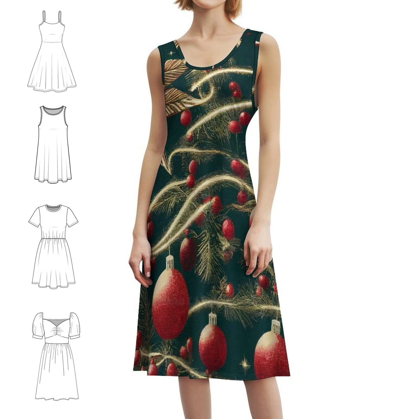 شجرة عيد الميلاد خمر فستان بوهيمي نفخة الأكمام أو خيارات بلا أكمام للنساء فستان الصباح الباندا عيد الميلاد المزاج خمر #1