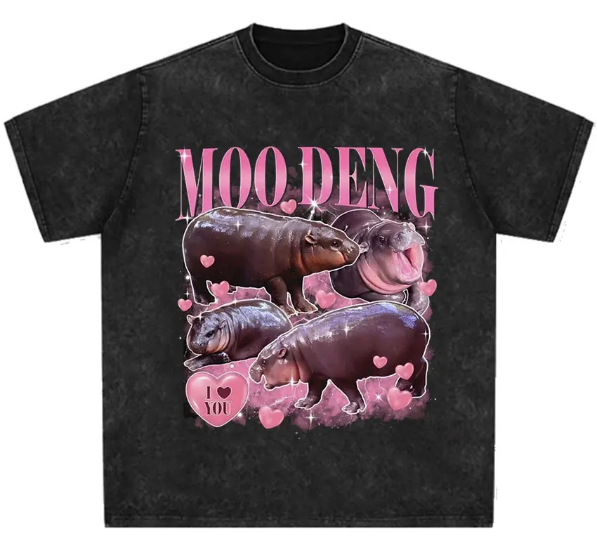 Moo Deng Baby Hippo Funny Meme T Shirt Men Women Vintage Washed Oversized Cotton T-shirts Harajuku High Quality Fashion T-shirt