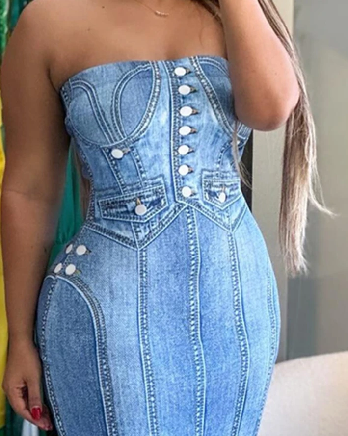 Womens Dresses 2024 Summer Fashion Denim Look Print Bandeau Sleeveless Casual Bodycon Daily Mid-Calf Dress