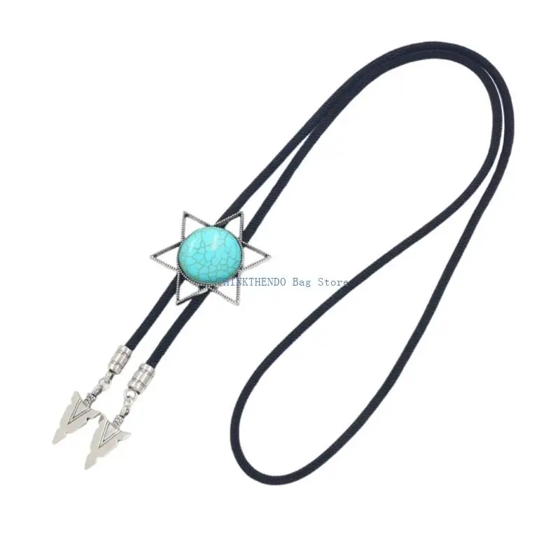 340D Braided Shoestring Stone Bolo Tie Hexagram Charm Cowboy Necktie Necklace