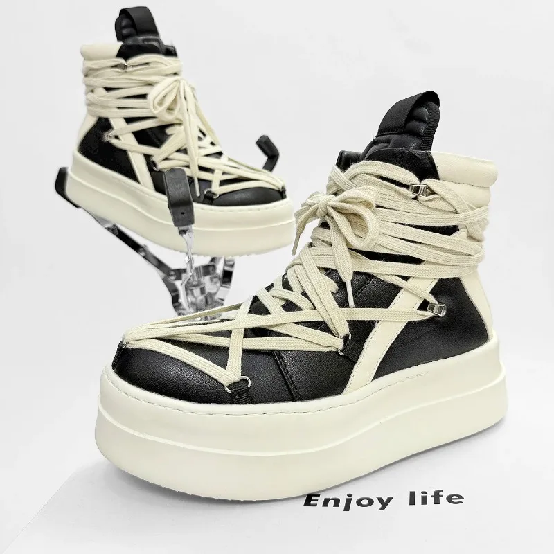 

7cm Platform High Top Boots for Mens Personalized Strap Design Sneakers Classic Retro Street Leather Shoes for Mens Botas Hombre