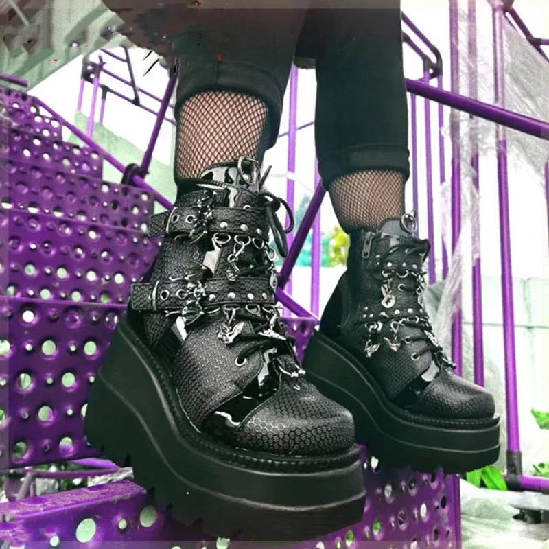 Punk Rock Cut Out Chunky Platform Boots Ladies Metal Studded Chain Strap Goth Fashion Footwear Free Shipping