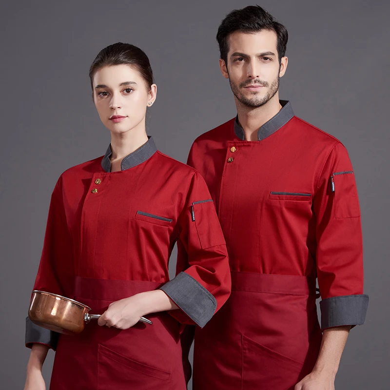 Uniforme de chef à manches longues pour hommes, vêtements de cuisine de restaurant, manteau de chef, vestes de travail, salopettes professionnelles