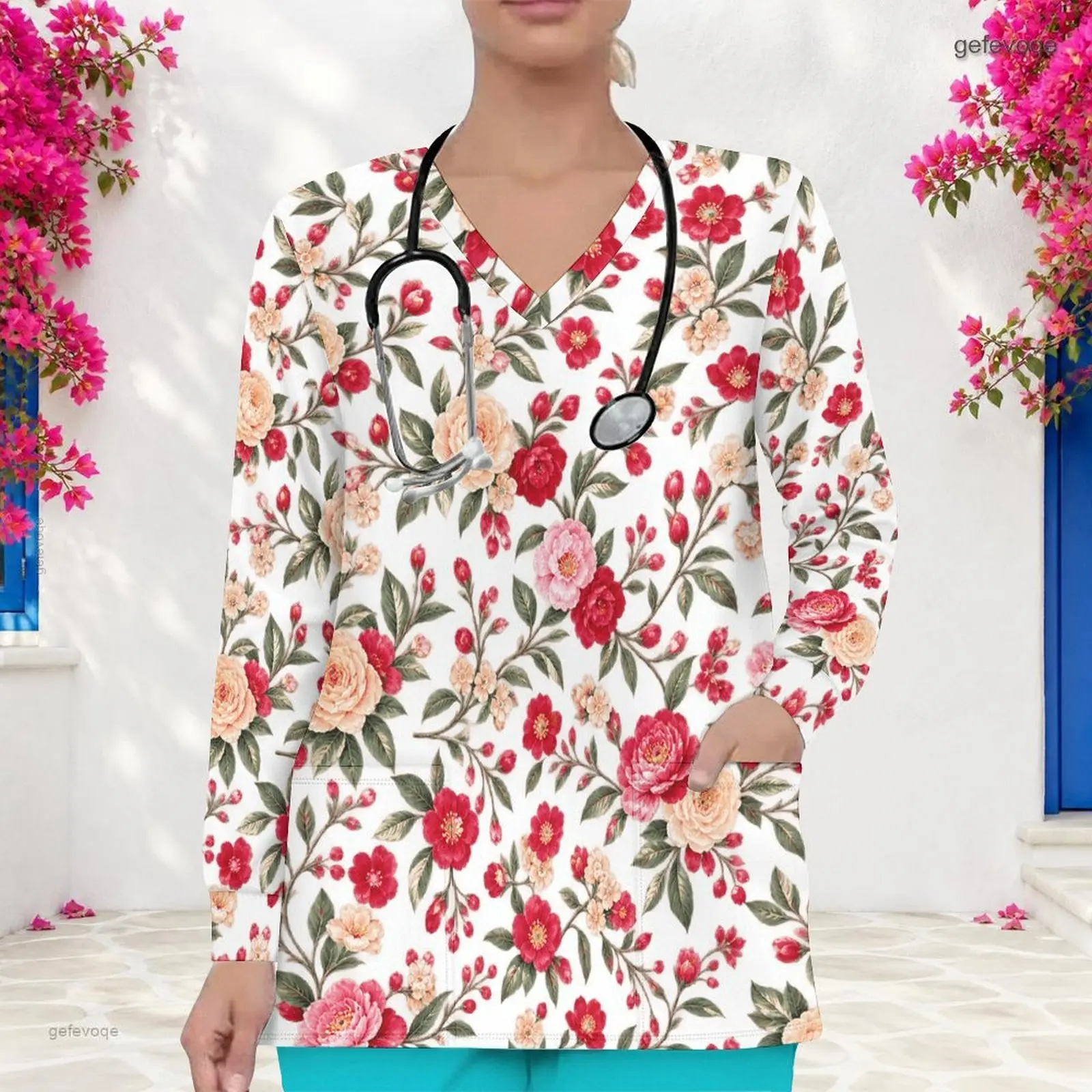 Women Printed Scrub Top V Neck Long Sleeve Front Pockets