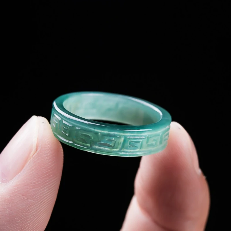 

Натуральный жадеит класса А, синяя вода, античный узор, квадратное плоское кольцо, ледяной нефрит для мужчин и женщин, изысканные ювелирные аксессуары, подарки