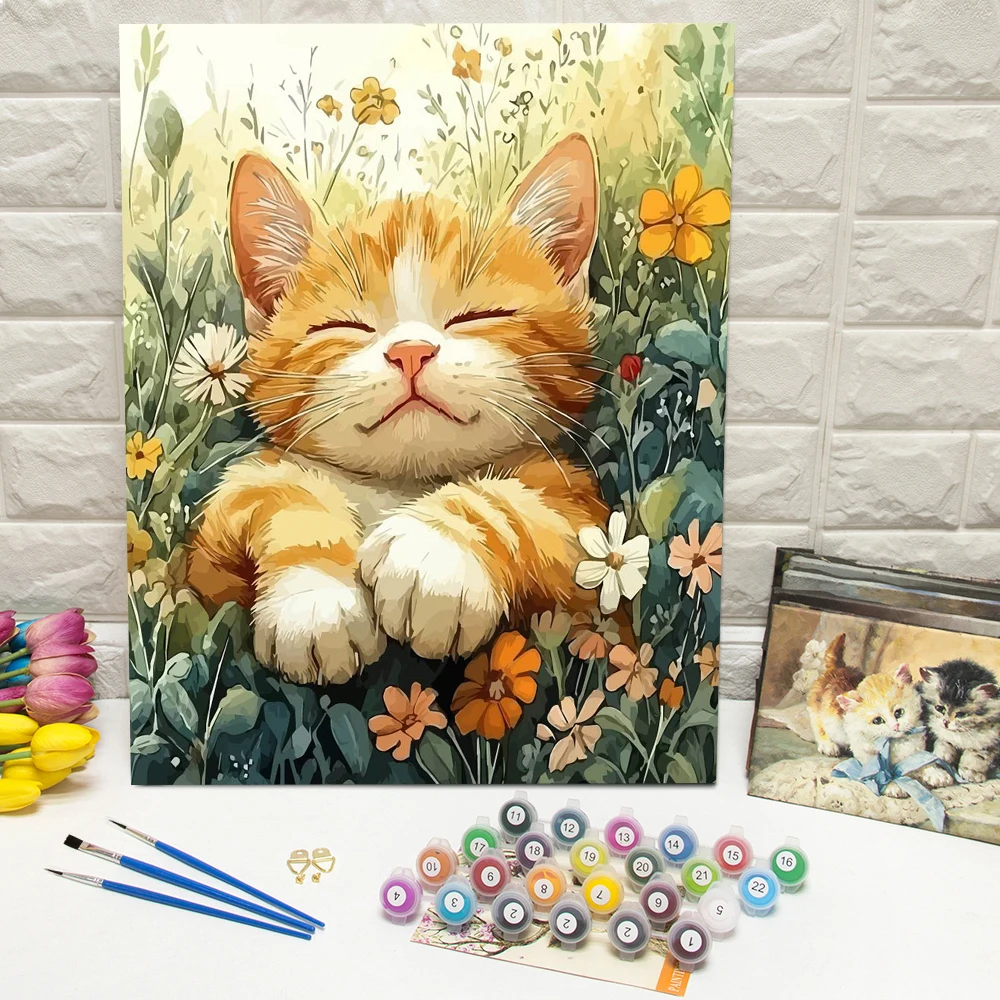 Malen nach Zahlen: Katze – DIY Digitales Ölgemälde, Kätzchen-Tier-Ölgemälde nach Zahlen, Blumen-Kunsthandwerk, handgemaltes Geschenk