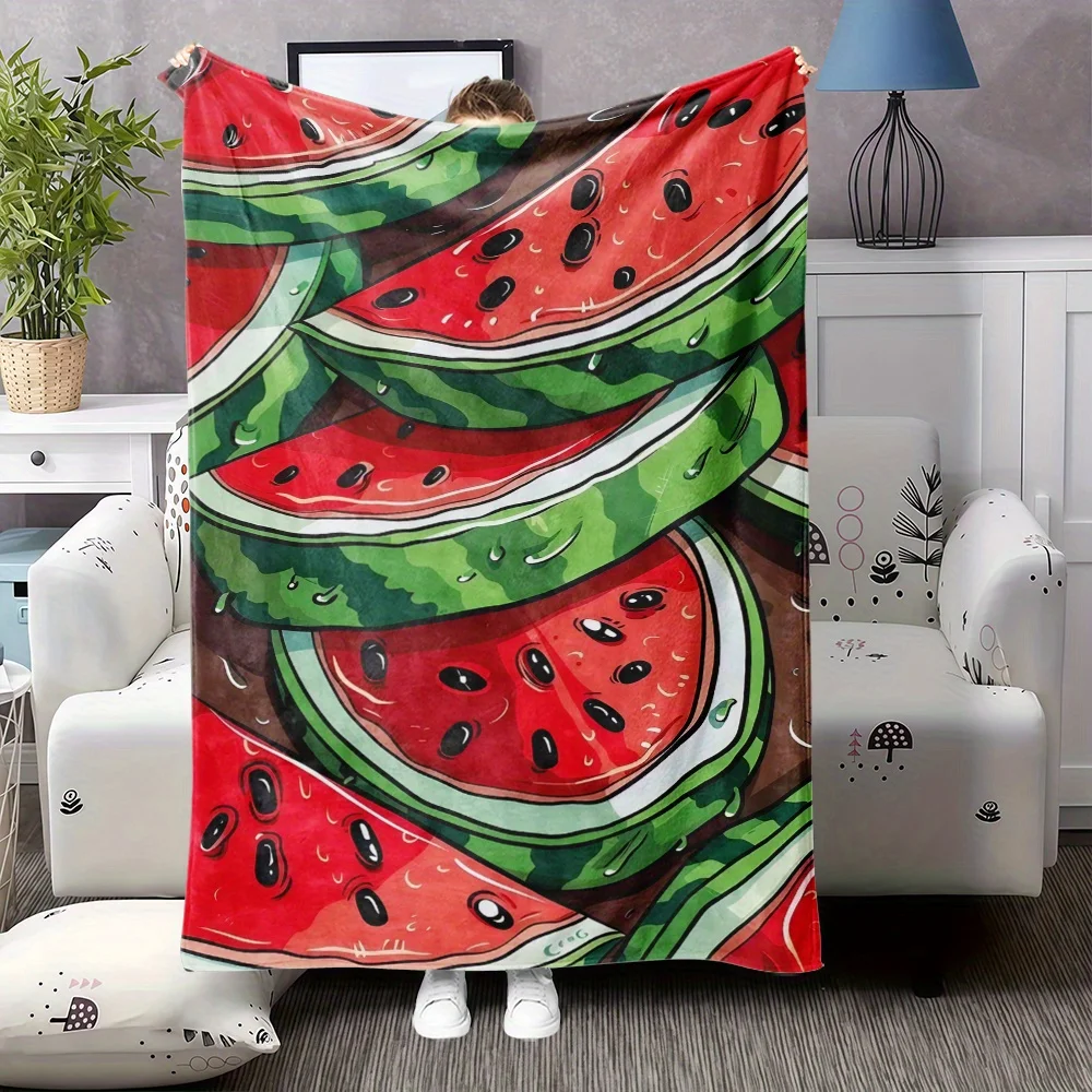 1pc Watermelon Print Flannel Blanket - Soft Warm All-Season Bedspread with Red, Green, Black & Brown Watermelon Slices, Cozy