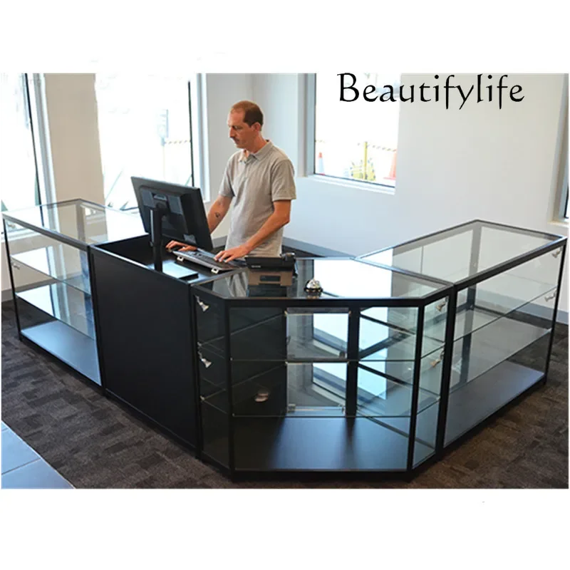 Q French Style Custom，L Shaped Aluminum Supermarket Retail Shop Turn Corner Glass Display Showcase Shopping Mall Lockable Displa
