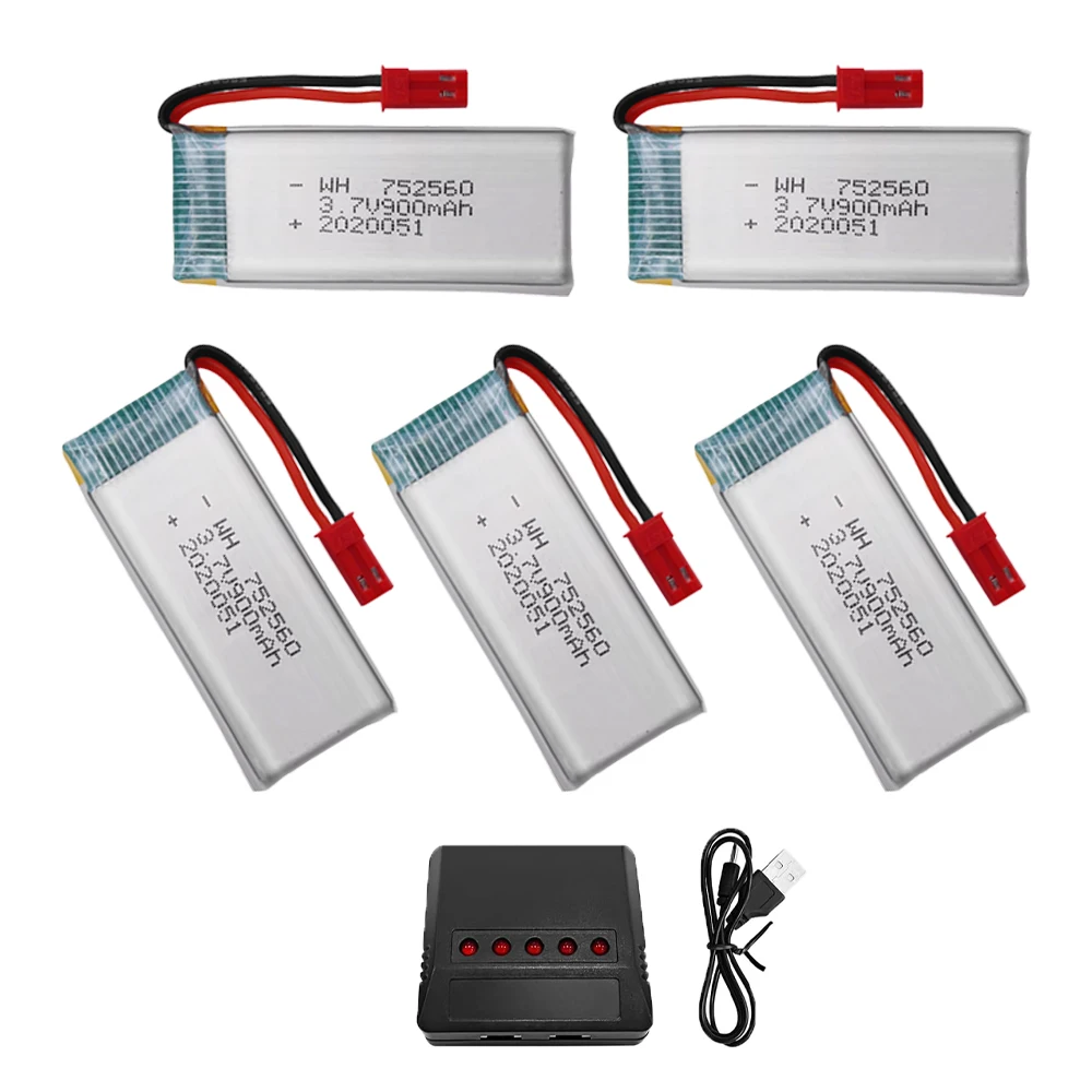 

5 шт. литиевых аккумуляторов 3,7 В 900 мАч 752560 с зарядным устройством 5-в-1 и разъемом JST для радиоуправляемых дронов, квадрокоптеров, запасных частей, моделей самолетов