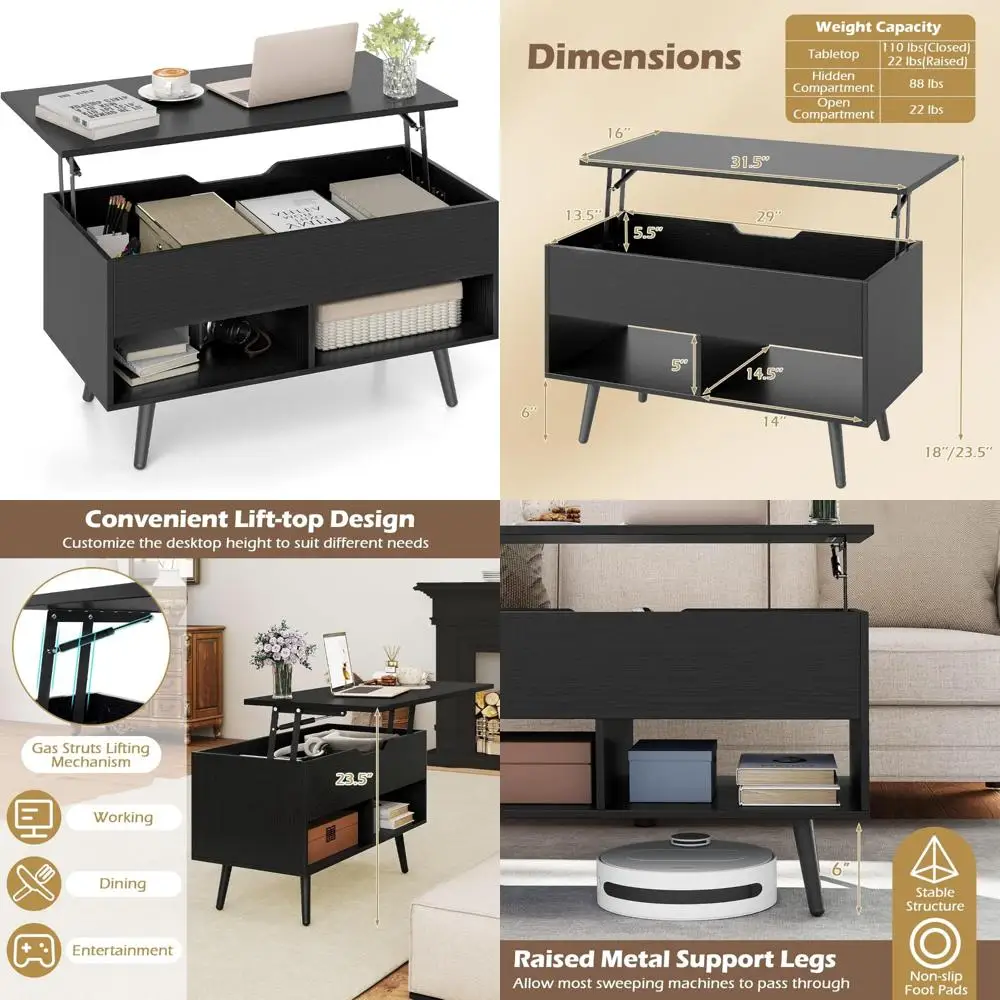 طاولة قهوة حديثة قابلة للرفع مع مساحة تخزين مخفية ورفين مفتوحتين، سحب خشبي لغرفة المعيشة المعاصرة