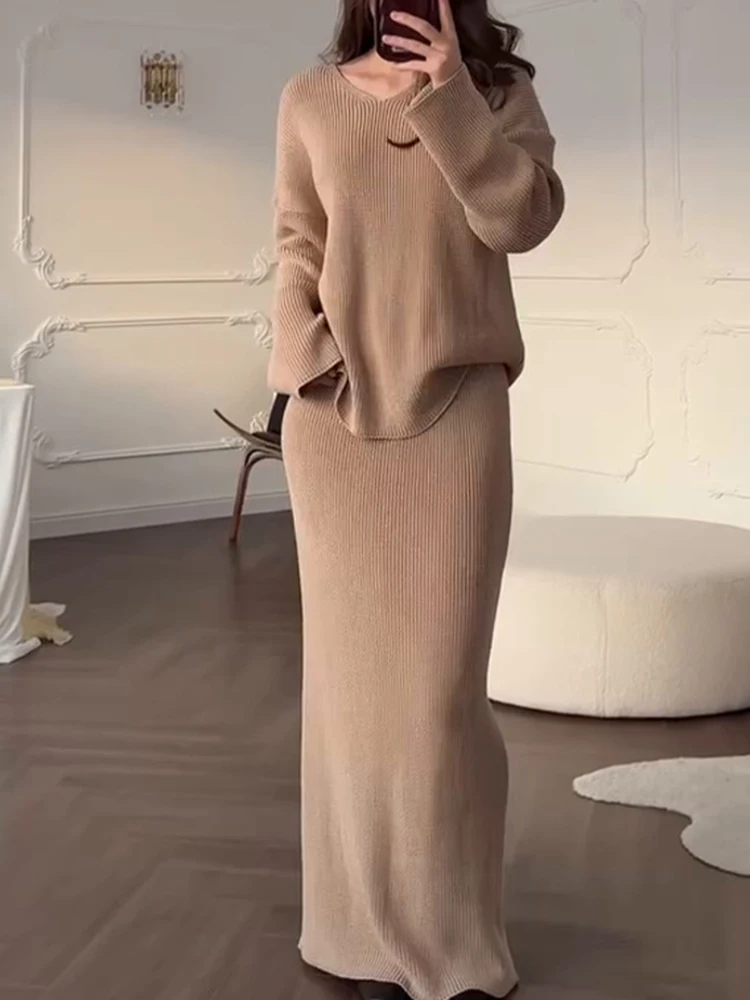 Mode Weiche Lose Zwei Stück Casual Oansatz Langarm Pullover & Halbe Röcke Set Herbst Winter Einfarbig Warme Pendeln Outfits