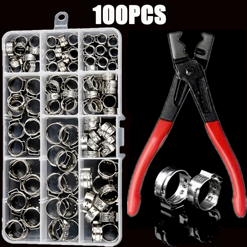 100pcs Stainless Steel Single Ear Hoop Stepless Hose Clamps with Clamp Rings Crimp Pinch Set Pliers Tool Wood Working Clamps