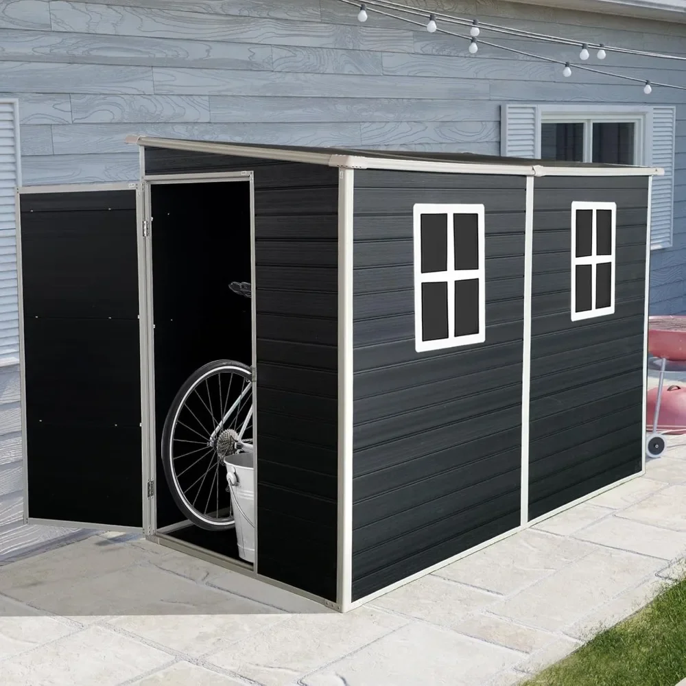 4x8 Ft Outdoor Resin Storage Shed with Floor and 2 Windows, Waterproof Plastic Garden Shed with Lockable Door and Air Vents