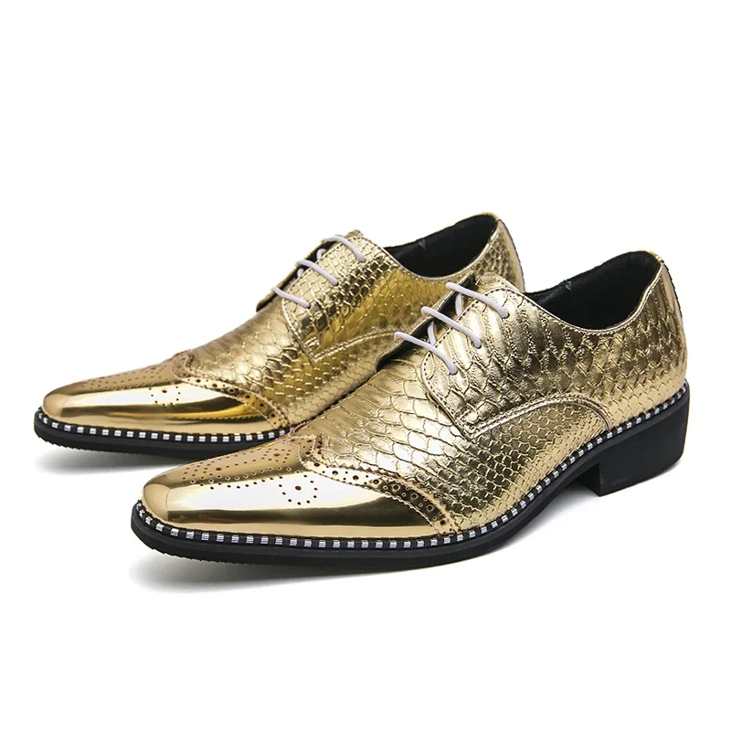New Gold Brogue Shoes for MenMetallic Wind Square Toe Lace-up  Wedding Shoes for Men Size 38-46  Mens Shoes