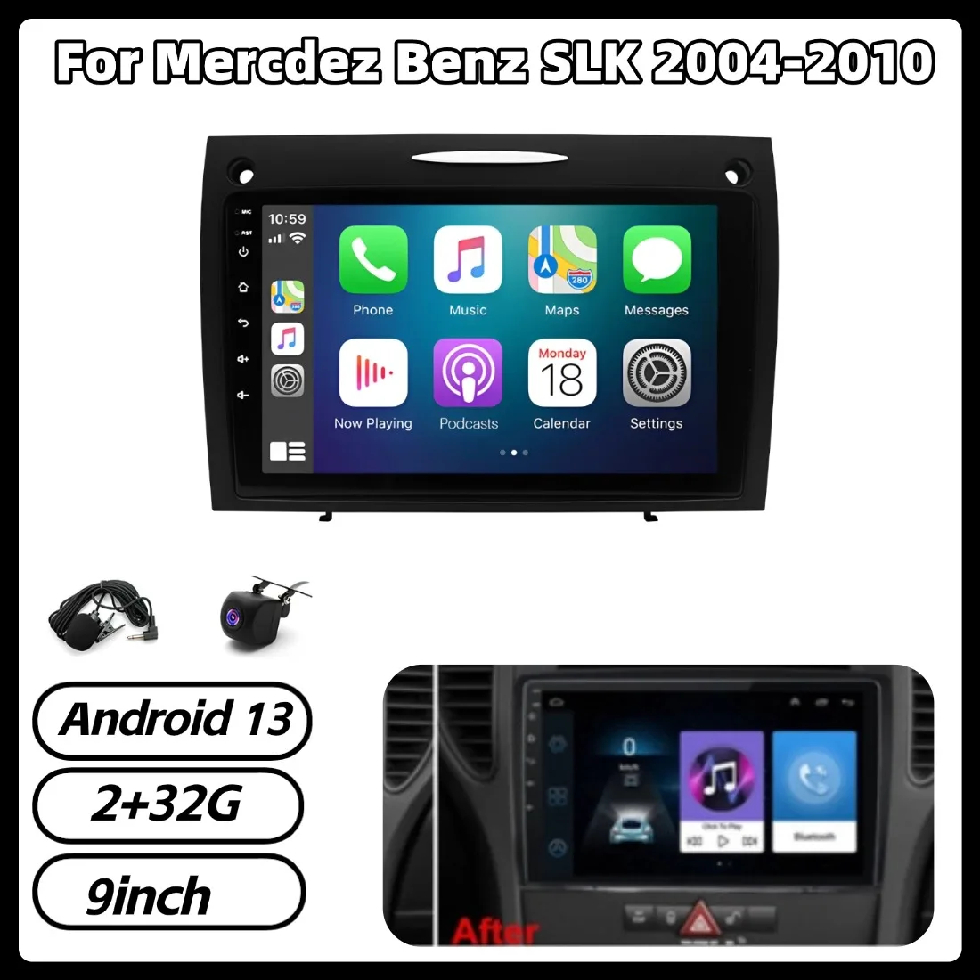 

9-дюймовая автомагнитола с Android 13, GPS-навигацией, 2+32 ГБ памяти для Mercedes-Benz SLK 2004-2010, поддержка CarPlay, Bluetooth, мультимедийный проигрыватель