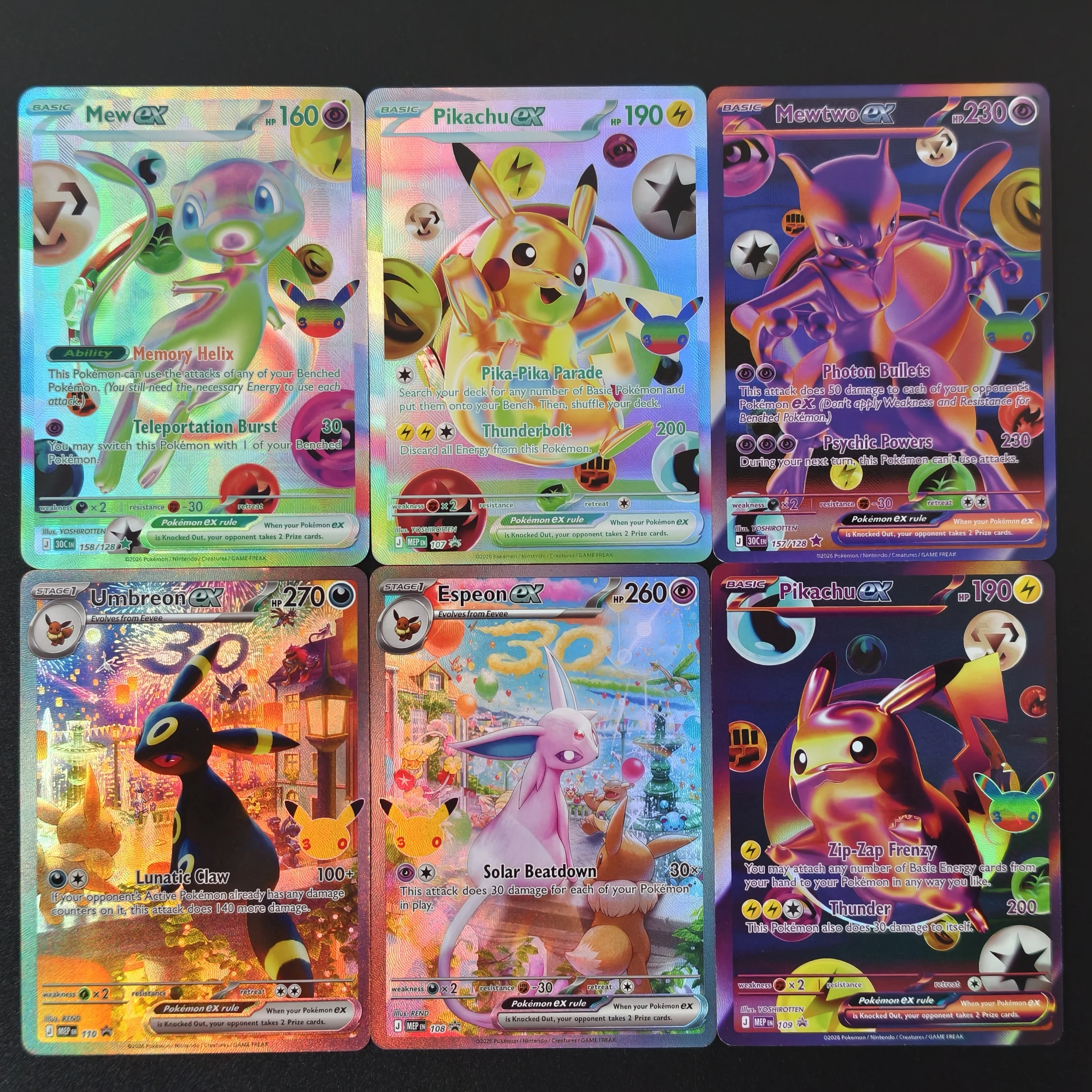 Proxy PKM Card 30th Anniversary Festival Espeon Umbreon Mewtwo Holo Foil Card English DIY TCG Advanced Anime Collection Card