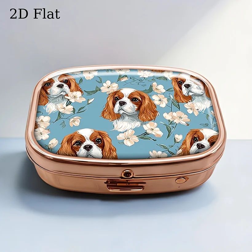 Cute Poodle Dog and Flower Pattern Pill Box, Flat Portable Metal Storage Box, Suitable for Vitamins, Fish Oil, Pills, and Small Candies, Adorable Decorative Mini Storage Box, Perfect for Handbags