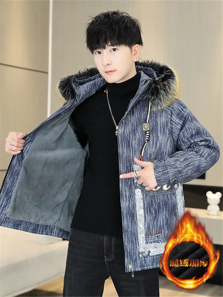 

Men's Hooded Jaet Fce Lined Thiened Casual Coat Large Fur Collar Warm Top Spring Autumn Winter Seasonal Wear Polyester...