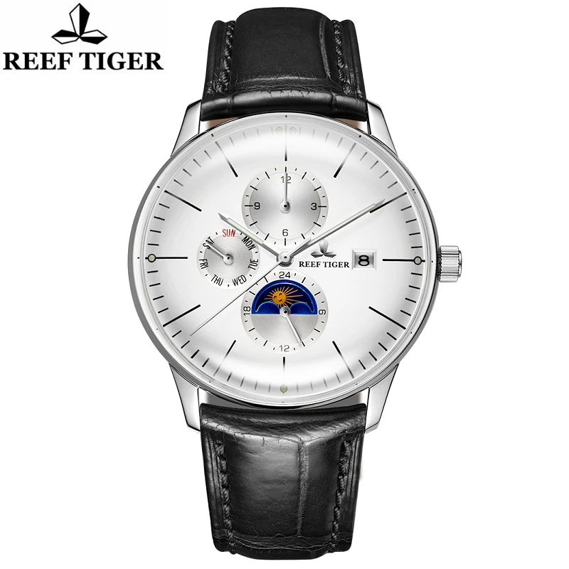 Reef Tiger Mens Automatic Mechanical Ultrathin Wristwatch Sapphire Crystal Moon Phase Date Week Calendar Clock Relogio Masculino